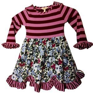 Matilda Jane Wise One Dress Size 4 Blue Floral Purple Striped Ruffled Knit
